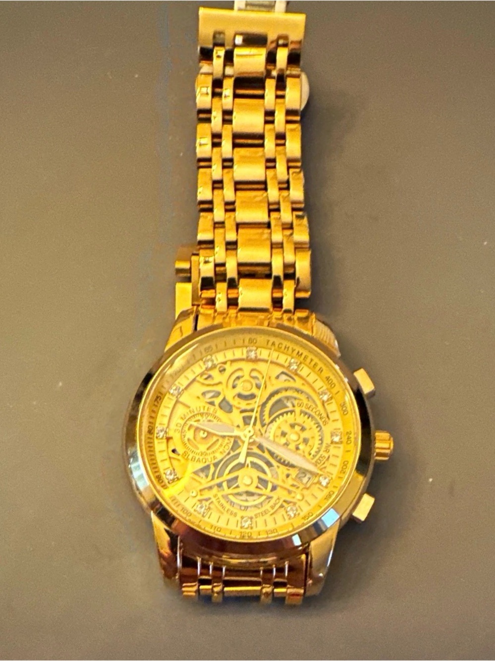 Men's Gold Skeleton Dial Stainless Steel Watch